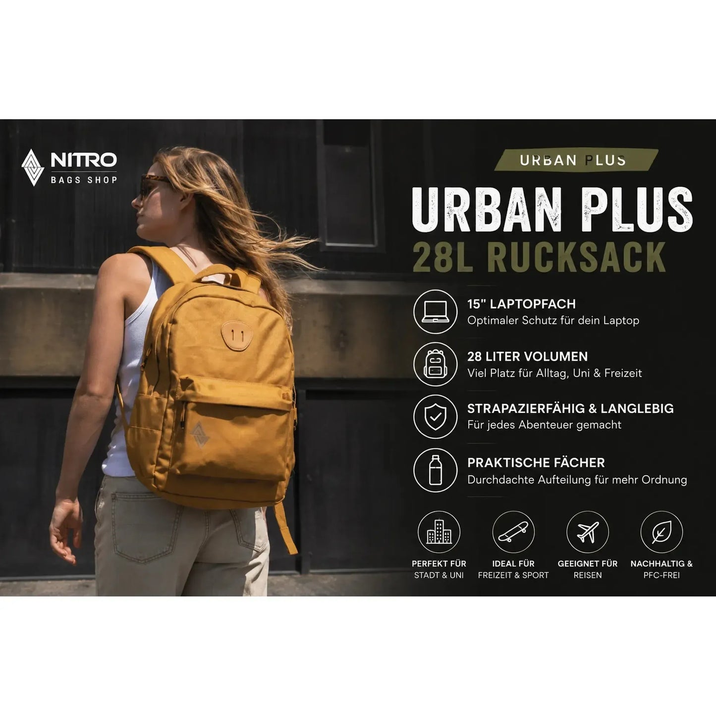Nitro Urban Plus 28L Rucksack mit 15 Zoll Laptopfach Farbe Amber Glow