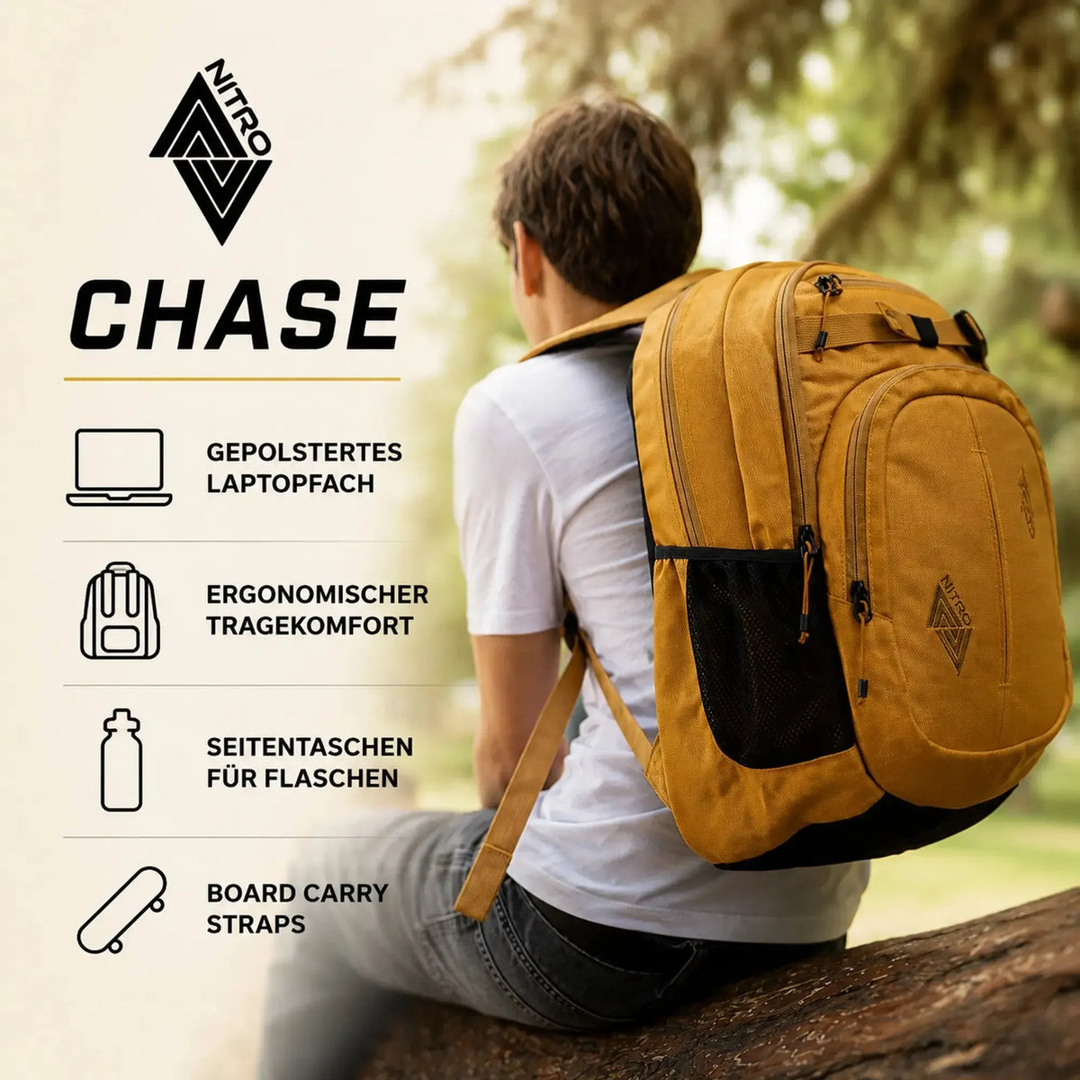 Nitro Chase 35L Rucksack mit 17 Zoll Laptopfach – Amber Glow -Gold-Nitrobags-Shop