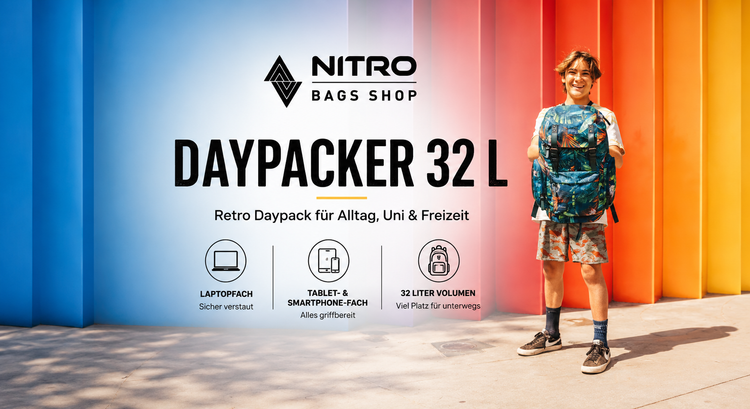 Der Nitro Daypacker Rucksack ein trendiger Retro Tagesrucksack und bietet mit seinen 32 Litern Volumen viel Platz für deine komplette Freizeitausrüstung.