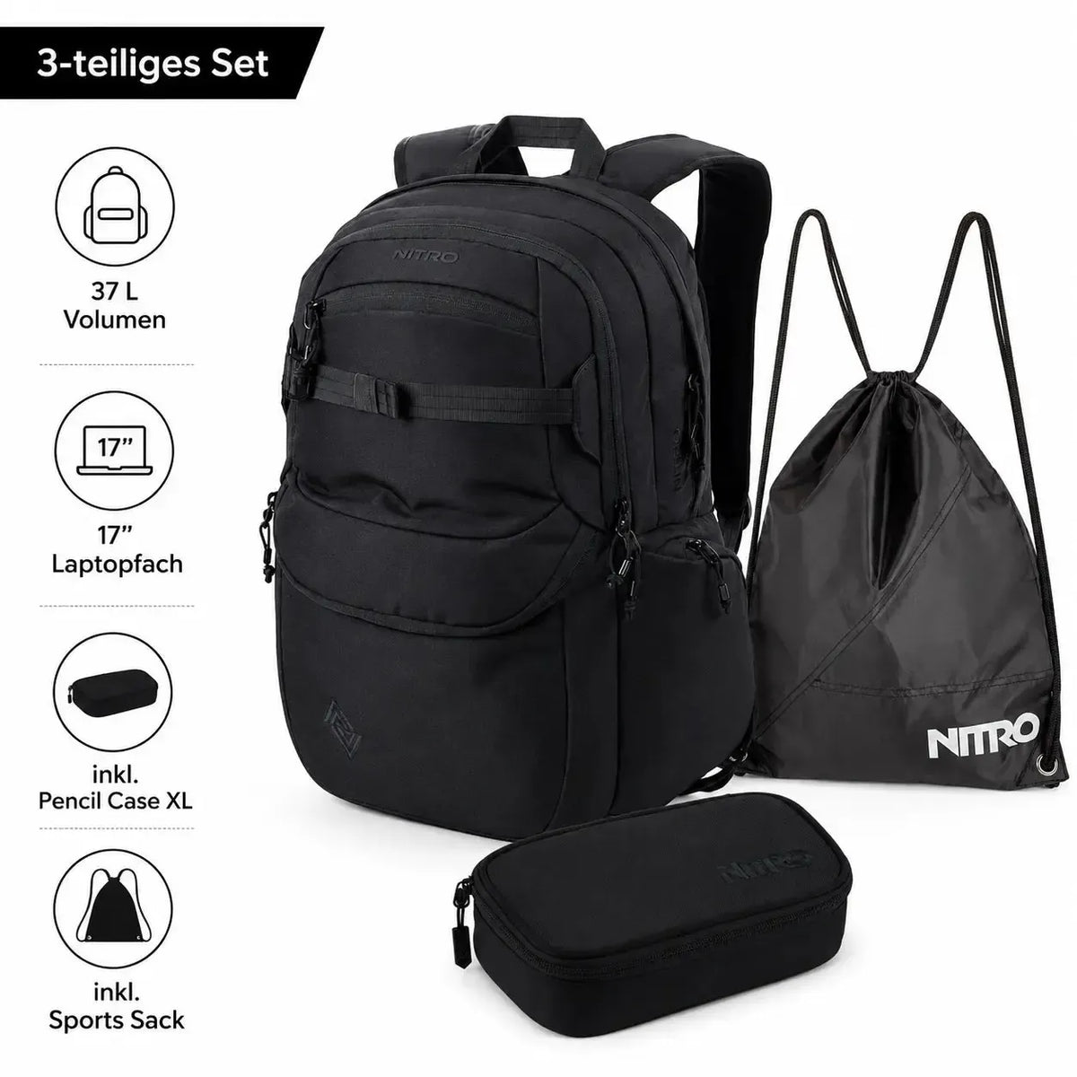 Nitro Schulrucksack Set Future Hero True Black – 3-teilig inkl. Pencil Case XL & Sportsack-Nitrobags-Shop