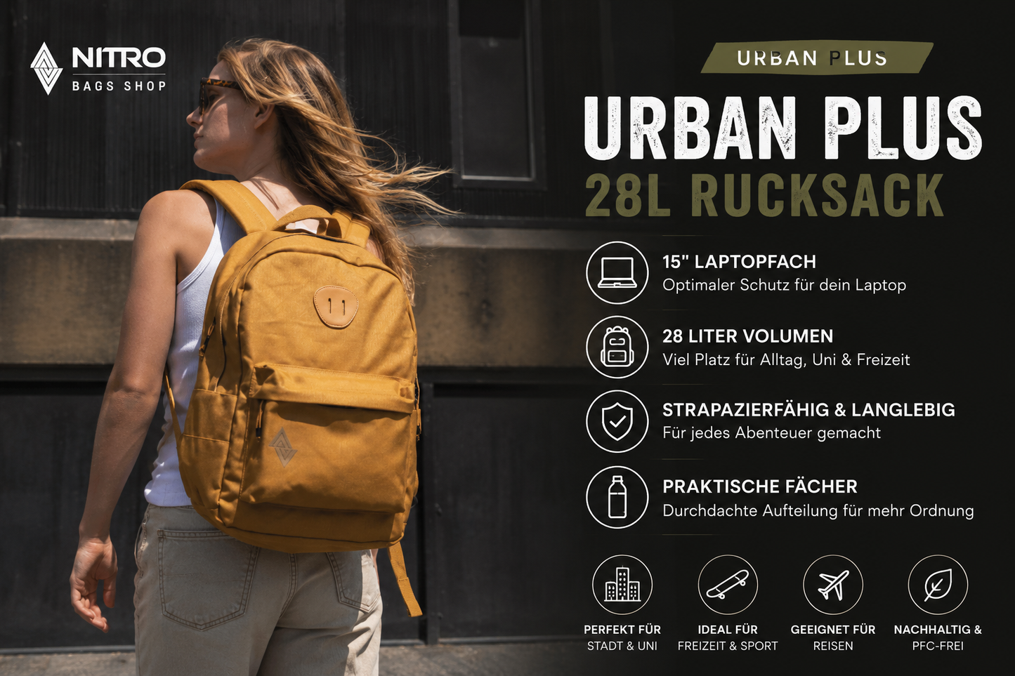 Nitro Urban Plus 28L Rucksack mit 15 Zoll Laptopfach Farbe Amber Glow