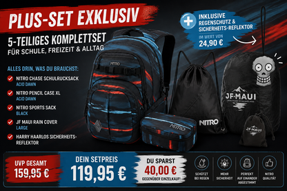 Nitro Complete School Set PLUS Chase Acid Dawn – 5-teilig | Schulrucksack inkl. Federmäppchen, Sportsack, Rain Cover & Sicherheits-Reflektor