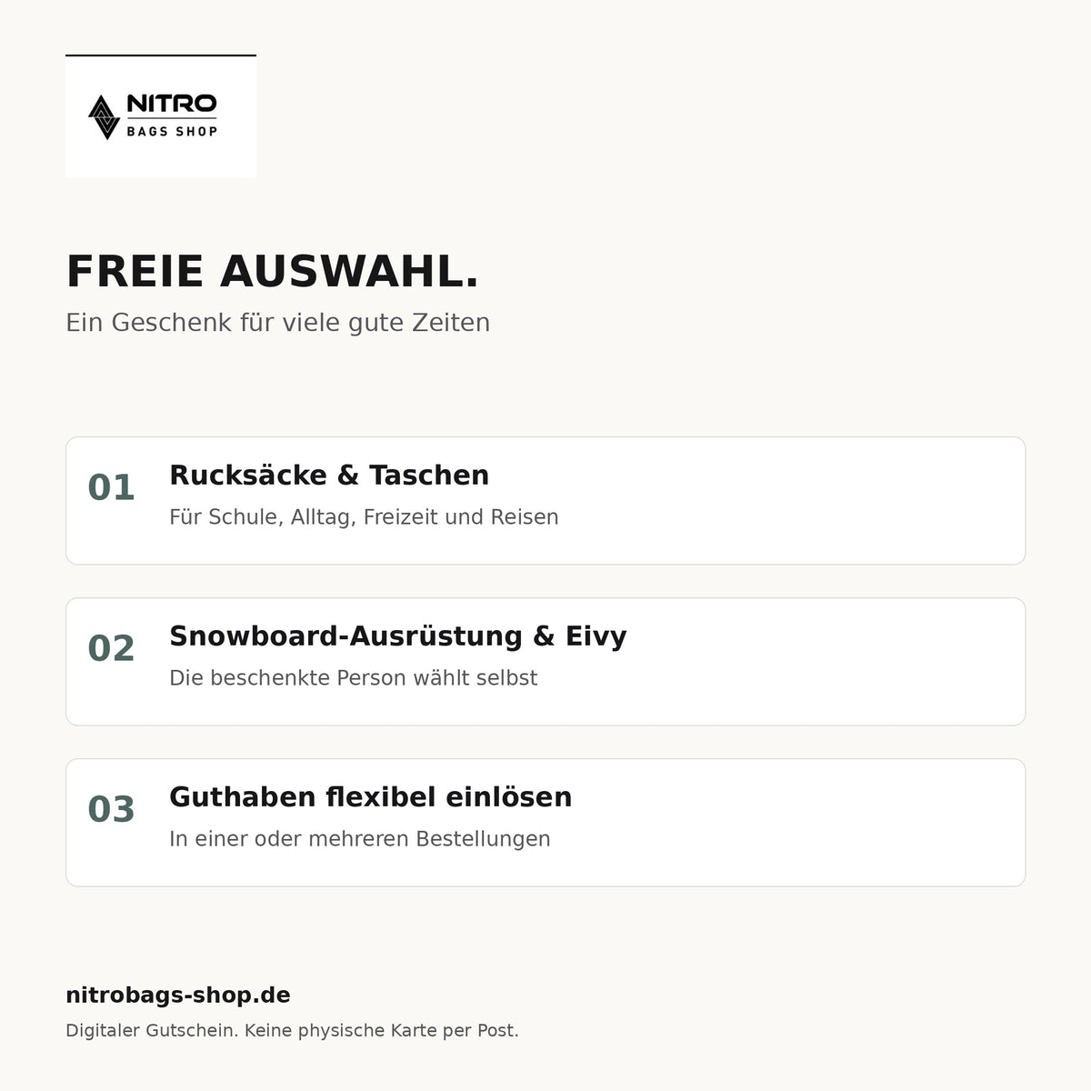 Nitrobags-Shop Geschenkgutschein: freie Auswahl für Rucksäcke, Taschen, Snowboard-Ausrüstung und Eivy