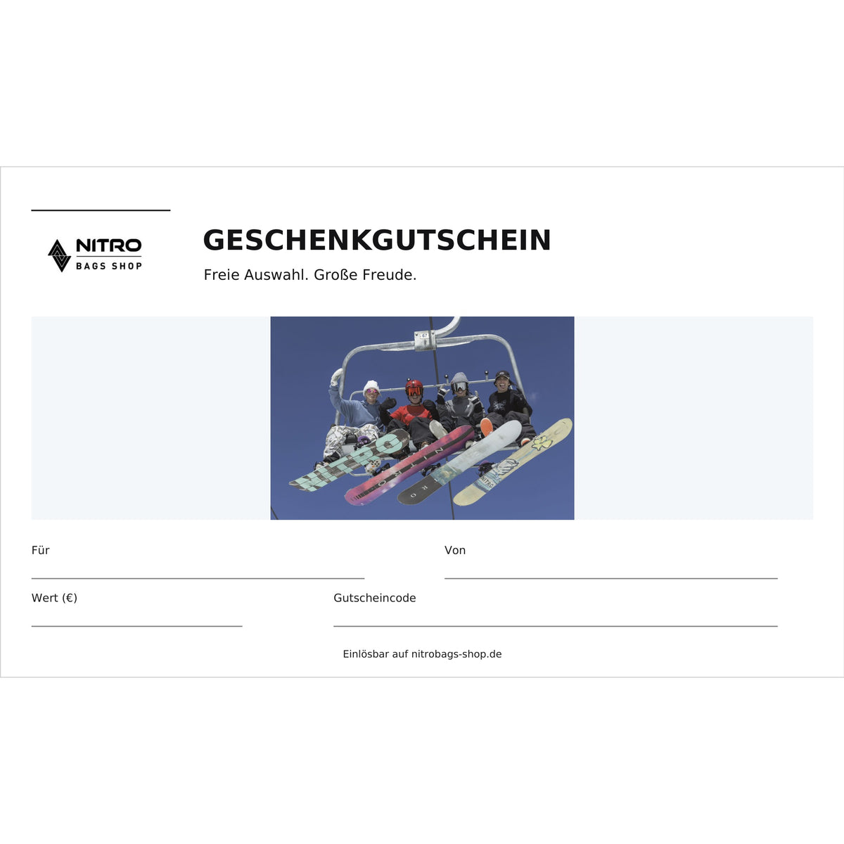 Nitrobags-Shop Geschenkgutschein zum Ausdrucken – Wintersport-Motiv