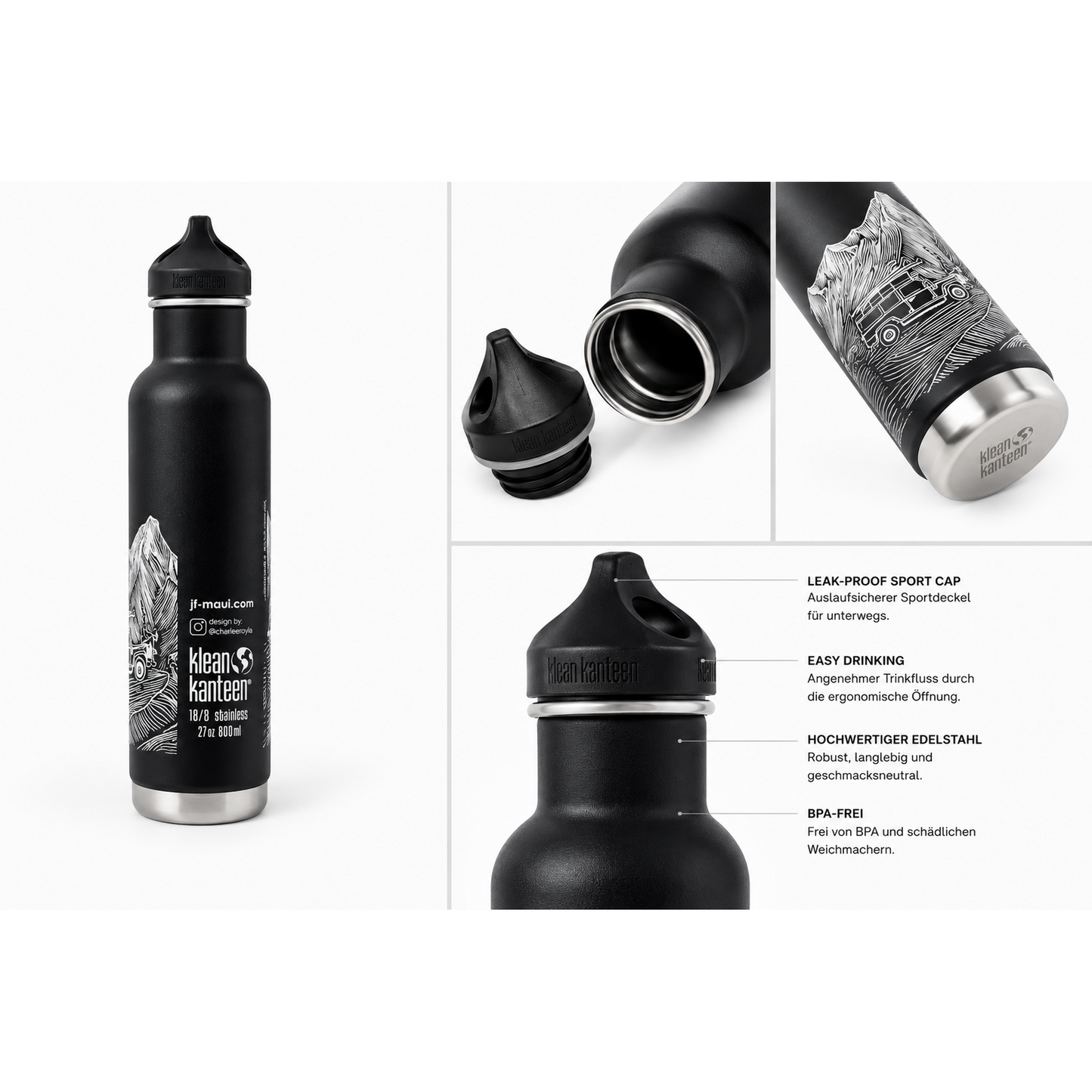 JF Maui Trinkflasche Black Klean Kanteen® Edelstahl Isolierflasche Classic 800 ml