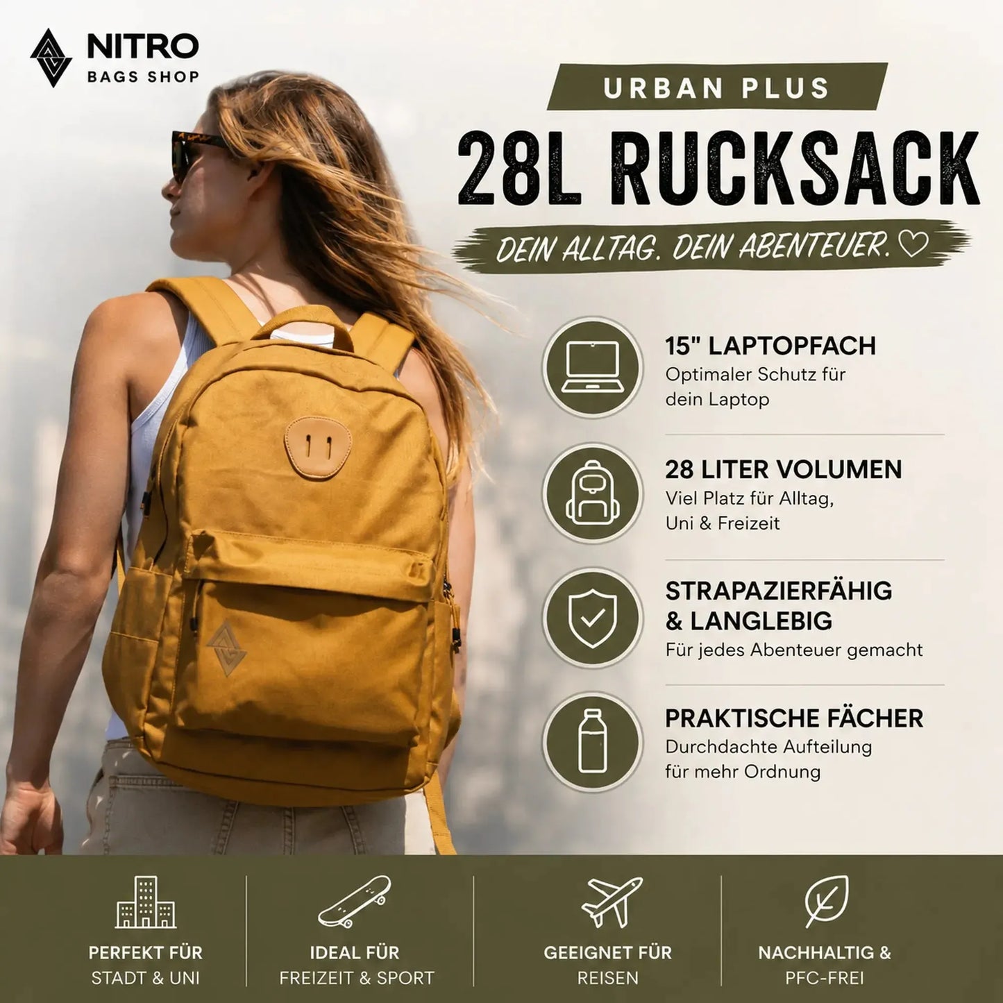 Nitro Urban Plus 28L Rucksack mit 15 Zoll Laptopfach Farbe Amber Glow