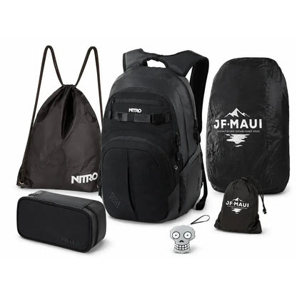 Nitro Complete School Set PLUS Chase Tough Black – 5-teilig inkl. Pencil Case XL, Sportsack, Rain Cover & Reflektor-Nitrobags-Shop