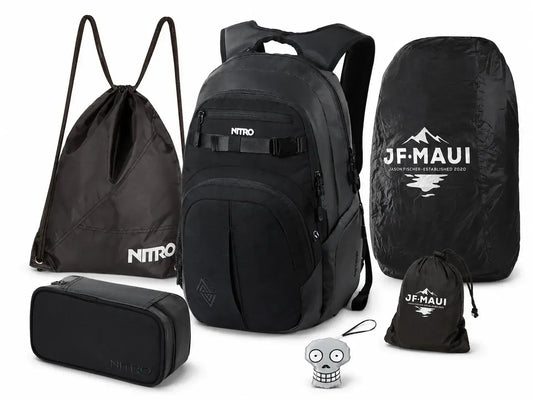 Nitro Complete School Set PLUS Chase Tough Black – 5-teilig inkl. Pencil Case XL, Sportsack, Rain Cover & Reflektor-Nitrobags-Shop