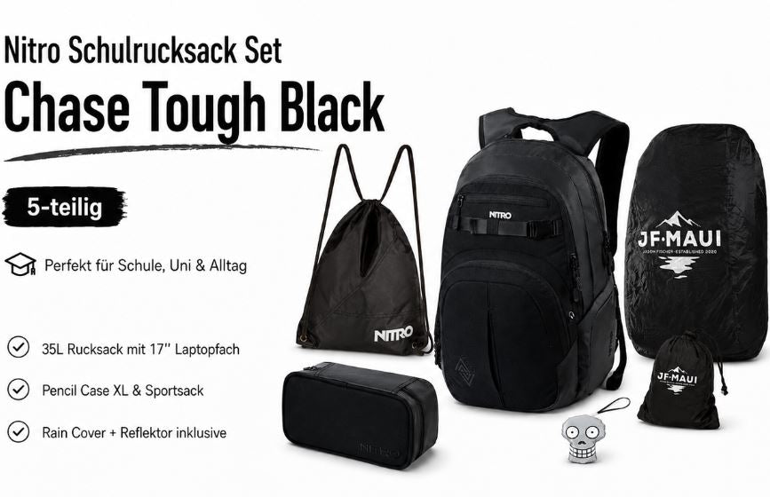 Nitro Complete School Set PLUS Chase Tough Black – 5-teilig inkl. Pencil Case XL, Sportsack, Rain Cover & Reflektor