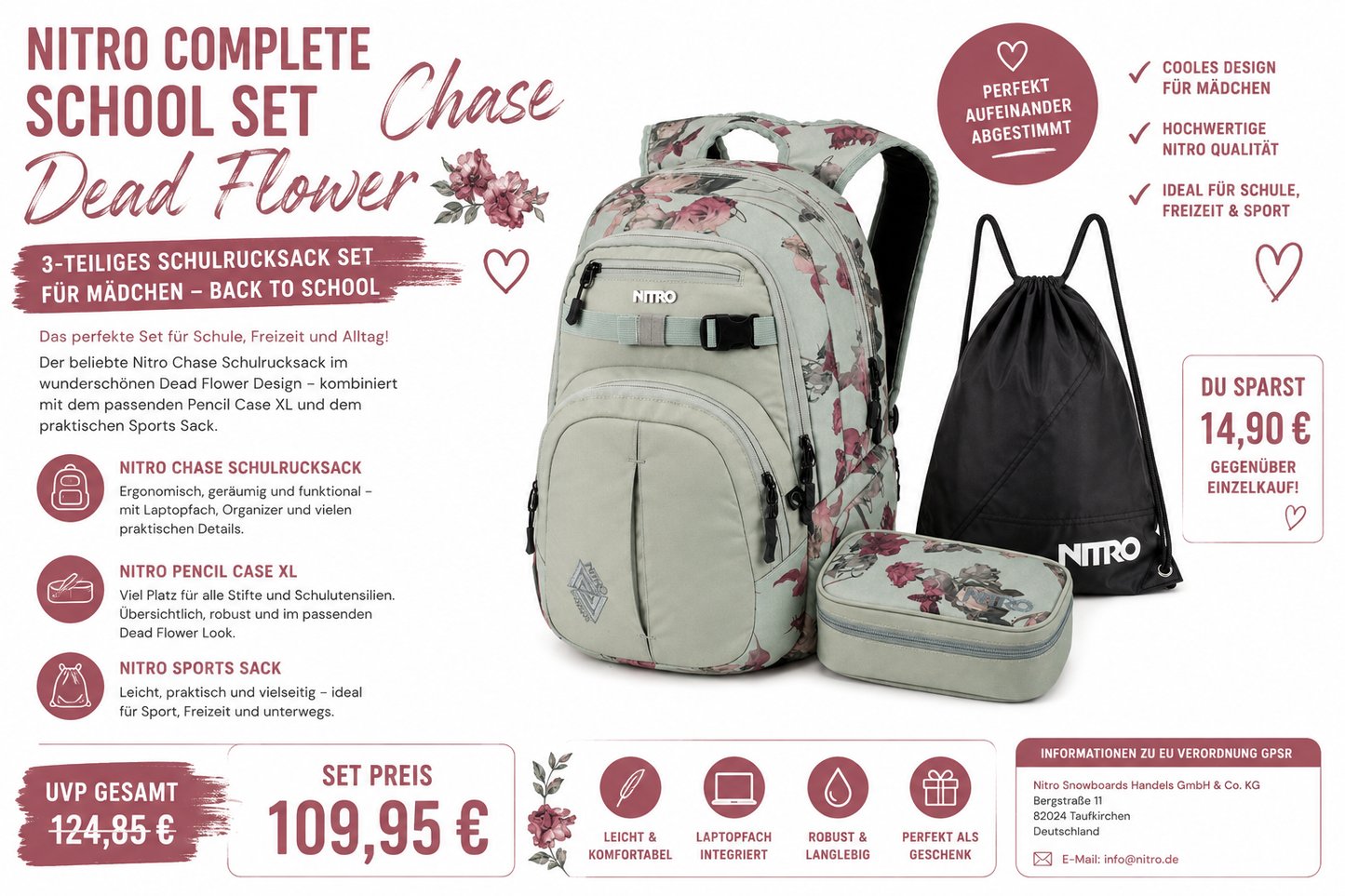 Nitro Complete School Set Chase Dead Flower – 3-teilig | Mädchen Schulrucksack Set inkl. Pencil Case XL & Sports Sack