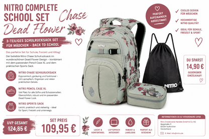 Nitro Complete School Set Chase Dead Flower – 3-teilig | Mädchen Schulrucksack Set inkl. Pencil Case XL & Sports Sack