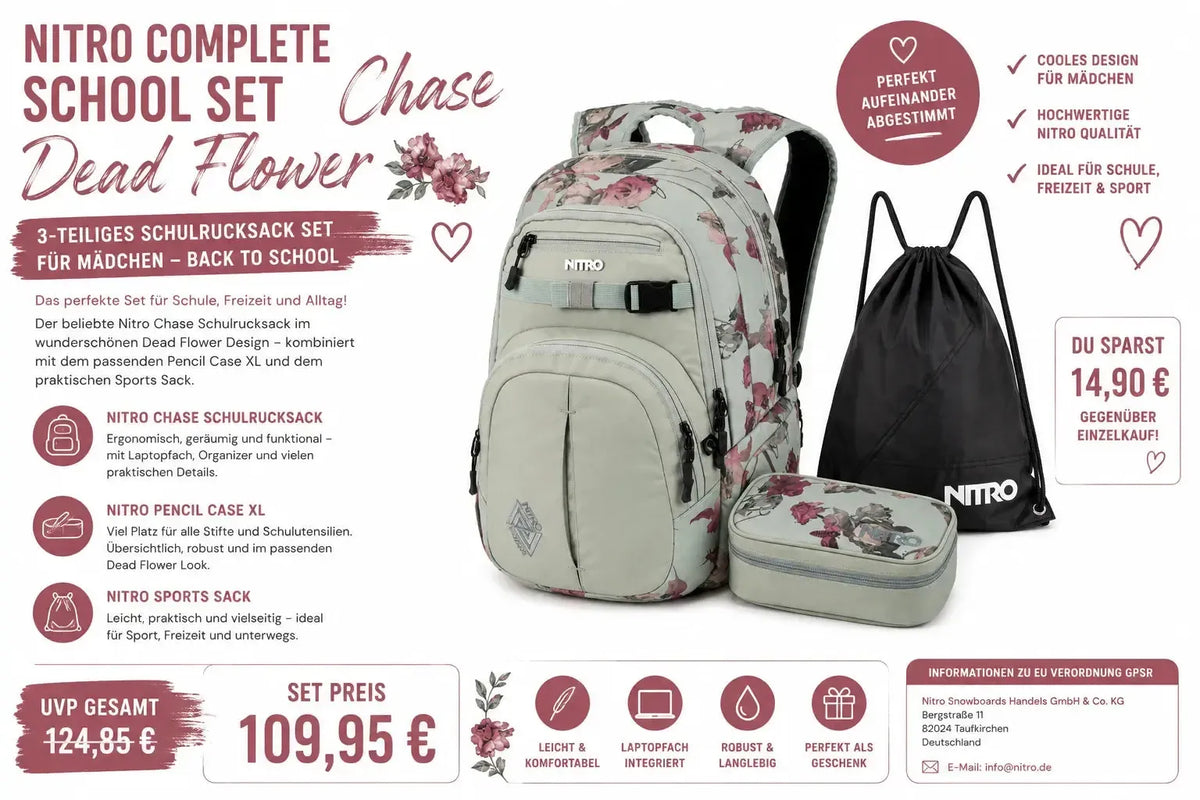 Nitro Complete School Set Chase Dead Flower – 3-teilig | Mädchen Schulrucksack Set inkl. Pencil Case XL & Sports Sack-Nitrobags-Shop