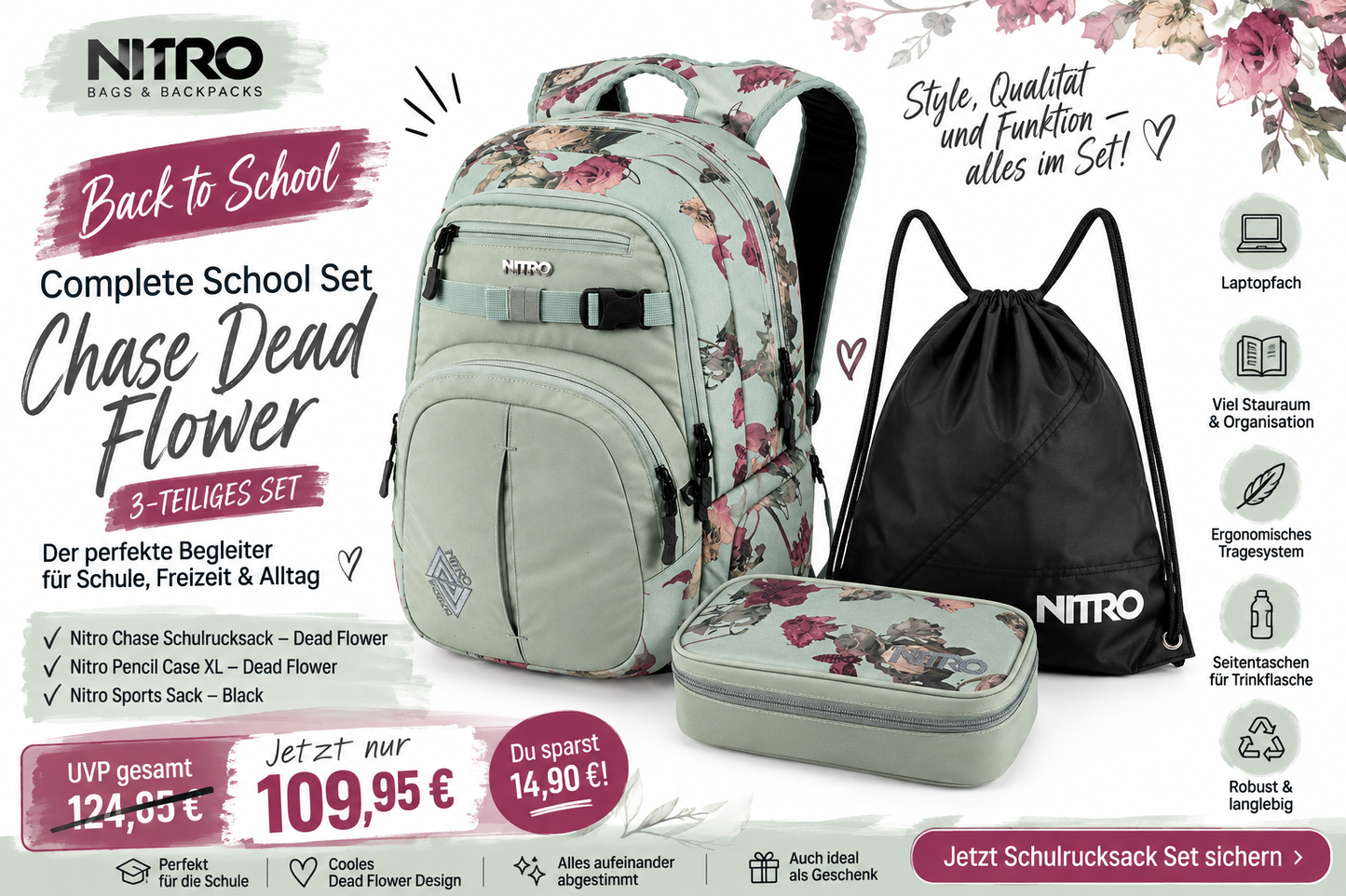 Nitro Complete School Set Chase Dead Flower – 3-teilig | Mädchen Schulrucksack Set inkl. Pencil Case XL & Sports Sack