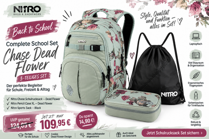 Nitro Complete School Set Chase Dead Flower – 3-teilig | Mädchen Schulrucksack Set inkl. Pencil Case XL & Sports Sack