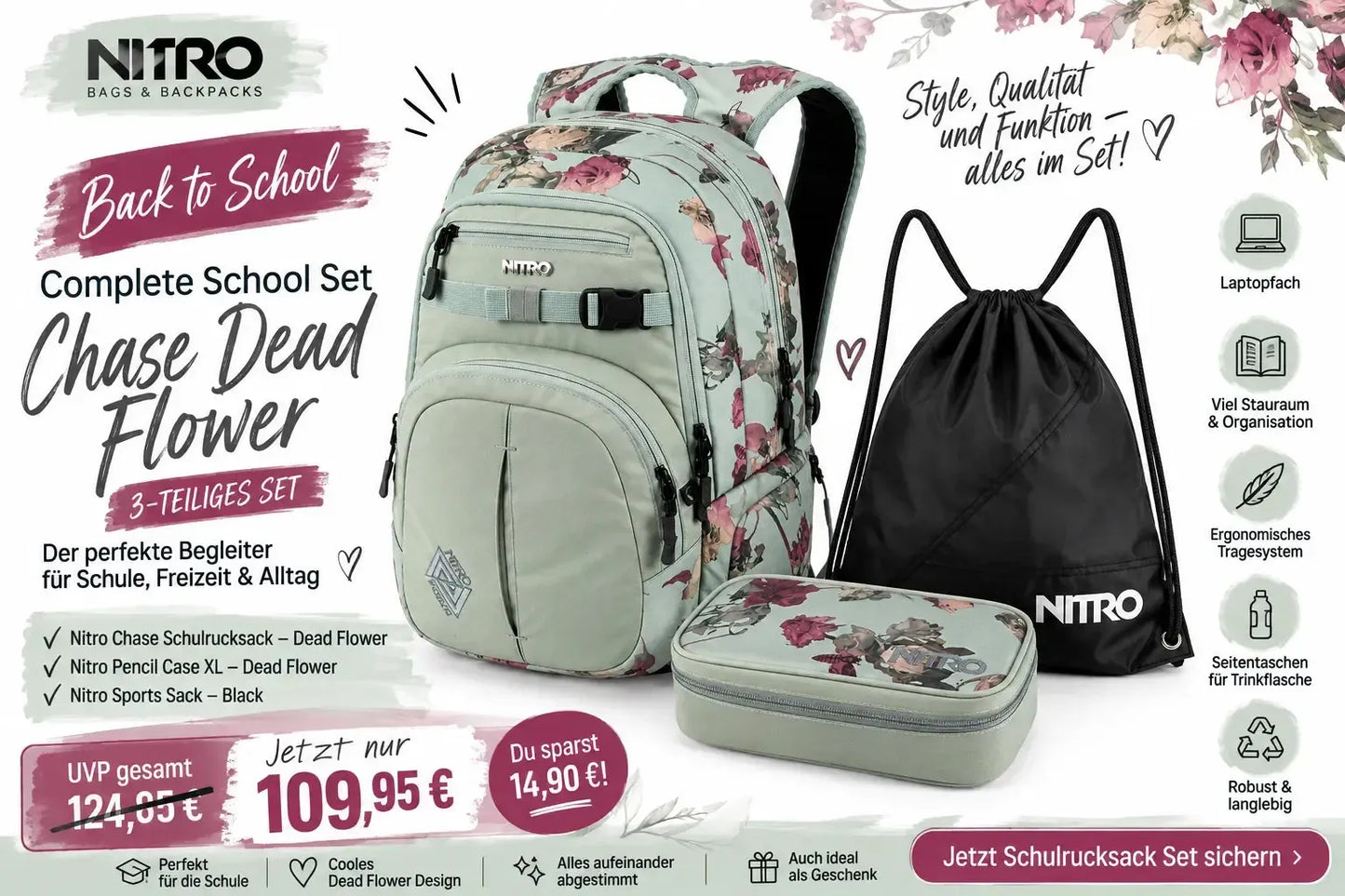 Nitro Complete School Set Chase Dead Flower – 3-teilig | Mädchen Schulrucksack Set inkl. Pencil Case XL & Sports Sack-Nitrobags-Shop