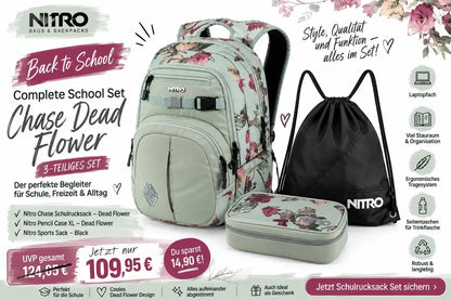Nitro Complete School Set Chase Dead Flower – 3-teilig | Mädchen Schulrucksack Set inkl. Pencil Case XL & Sports Sack-Nitrobags-Shop
