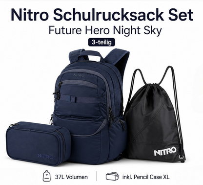 Nitro Schulrucksack Set Future Hero Night Sky – 3-teilig inkl. Pencil Case XL & Sportsack