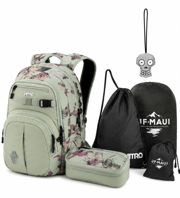 Nitro Complete School Set PLUS Chase Dead Flower – 5-teilig | Mädchen Schulrucksack Set inkl. Federmäppchen, Sportsack, Rain Cover & Reflektor