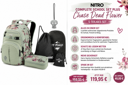 Nitro Complete School Set PLUS Chase Dead Flower – 5-teilig | Mädchen Schulrucksack Set inkl. Federmäppchen, Sportsack, Rain Cover & Reflektor