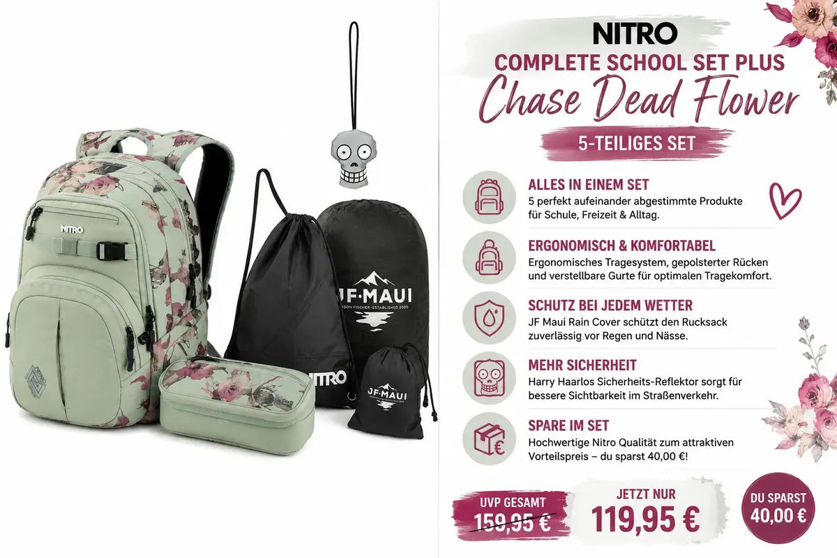 Nitro Complete School Set PLUS Chase Dead Flower – 5-teilig | Mädchen Schulrucksack Set inkl. Federmäppchen, Sportsack, Rain Cover & Reflektor-Nitrobags-Shop