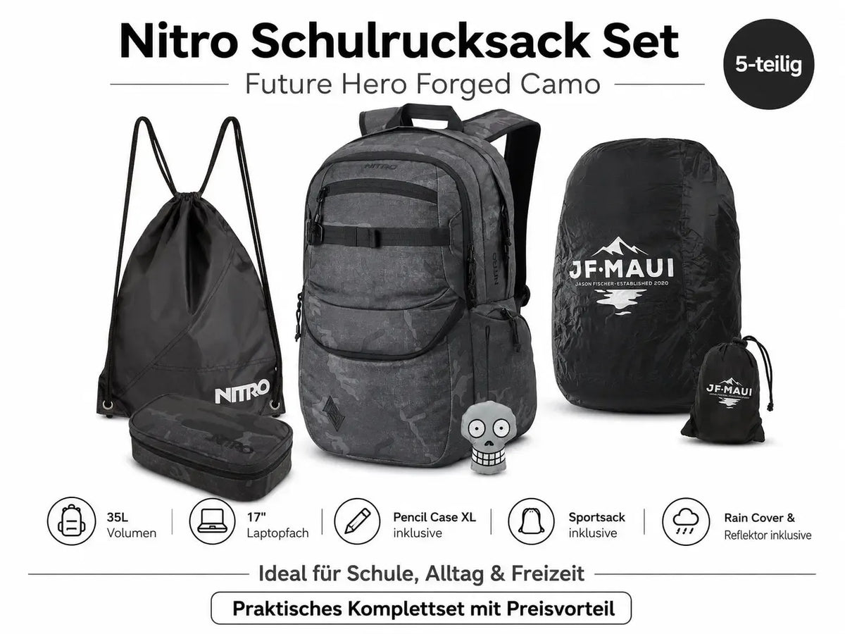 Nitro Complete School Set PLUS Future Hero Forged Camo – 5-teilig inkl. Pencil Case XL, Sportsack, Rain Cover & Reflektor-Nitrobags-Shop