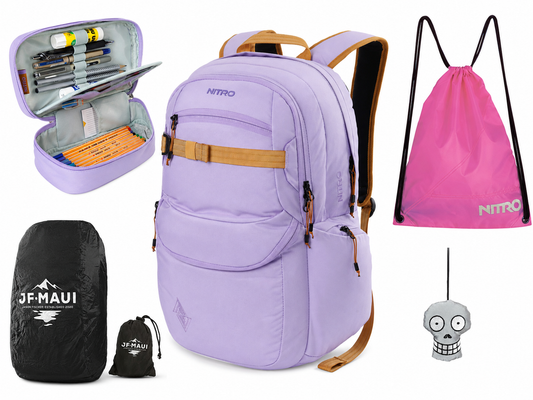 Nitro Complete School Set PLUS Future Hero Lavender – 5-teilig inkl. Pencil Case XL, Sportsack, Rain Cover & Reflektor-Nitrobags-Shop