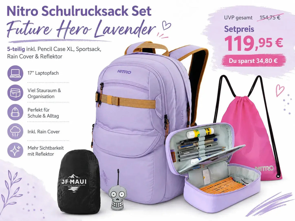Nitro Complete School Set PLUS Future Hero Lavender – 5-teilig inkl. Pencil Case XL, Sportsack, Rain Cover & Reflektor-Nitrobags-Shop