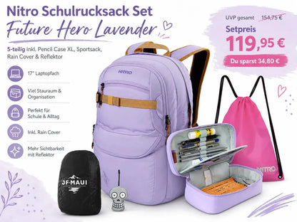 Nitro Complete School Set PLUS Future Hero Lavender – 5-teilig inkl. Pencil Case XL, Sportsack, Rain Cover & Reflektor-Nitrobags-Shop