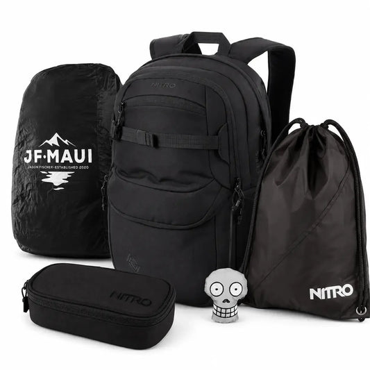 Nitro Schulrucksack Set PLUS Future Hero True Black – 5-teilig inkl. Pencil Case XL, Sportsack, Rain Cover & Reflektor-Nitrobags-Shop