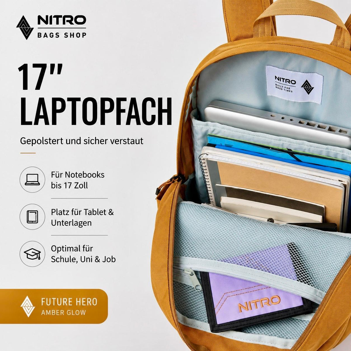 Nitro Future Hero 35 Liter Rucksack mit 17 Zoll Laptopfach – Amber Glow