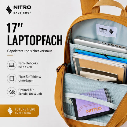 Nitro Future Hero 35 Liter Rucksack mit 17 Zoll Laptopfach – Amber Glow