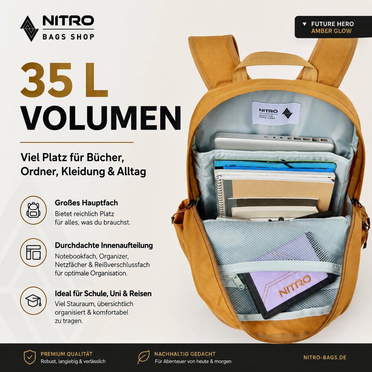 Nitro Future Hero 35 Liter Rucksack mit 17 Zoll Laptopfach – Amber Glow