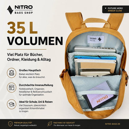 Nitro Future Hero 35 Liter Rucksack mit 17 Zoll Laptopfach – Amber Glow
