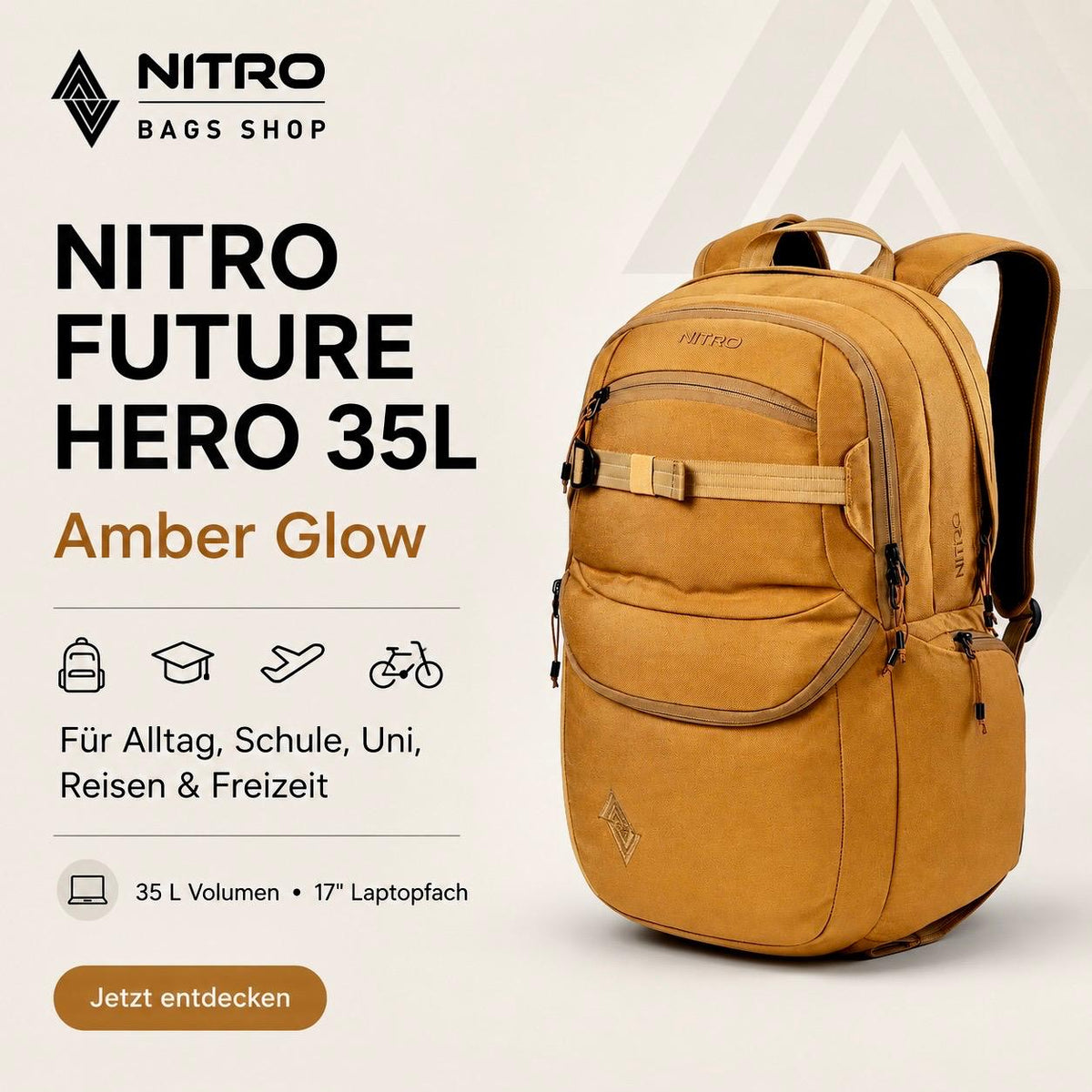 Nitro Future Hero 35 Liter Rucksack mit 17 Zoll Laptopfach – Amber Glow