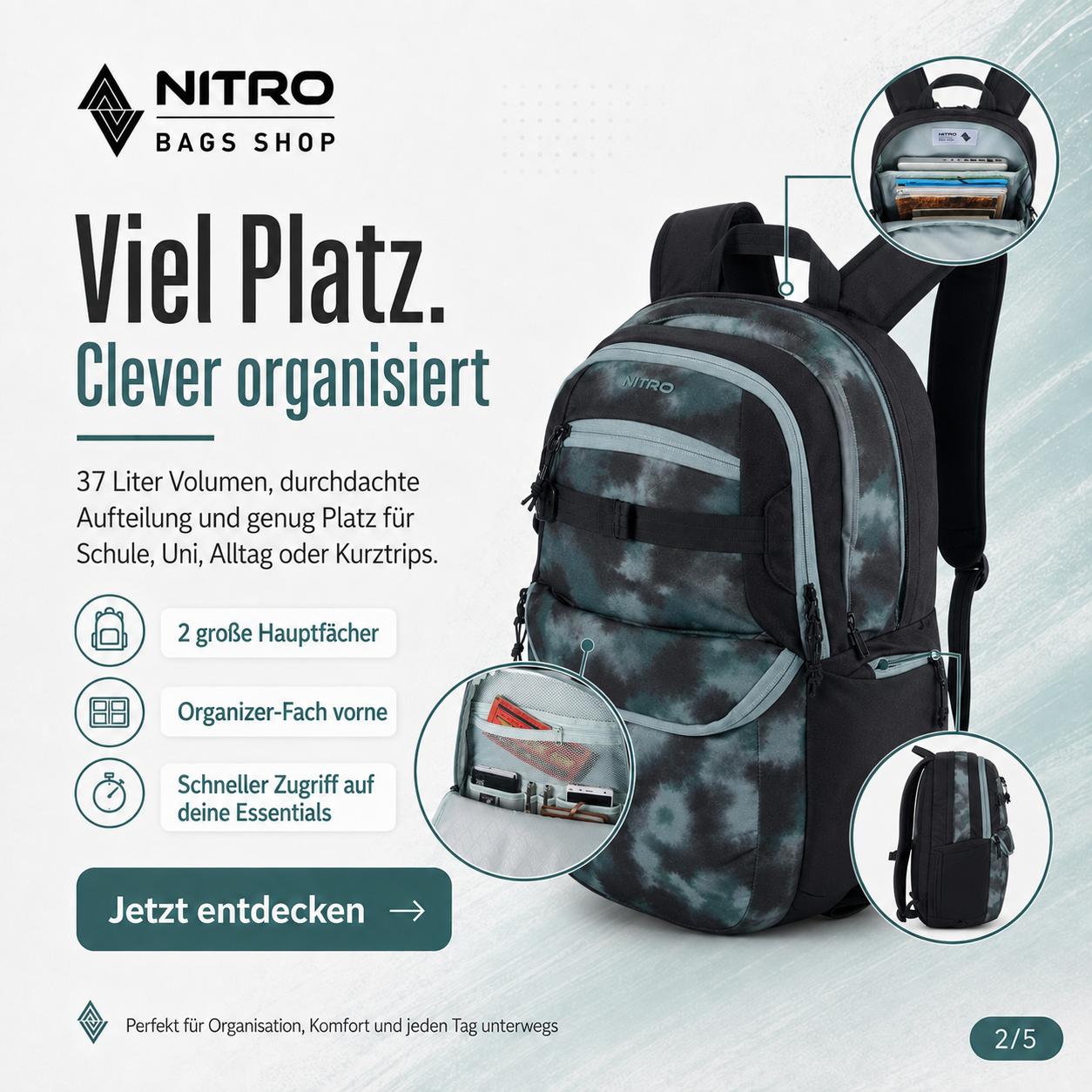 Nitro Future Hero 37 Liter Rucksack mit 17 Zoll Laptopfach – Reef Break
