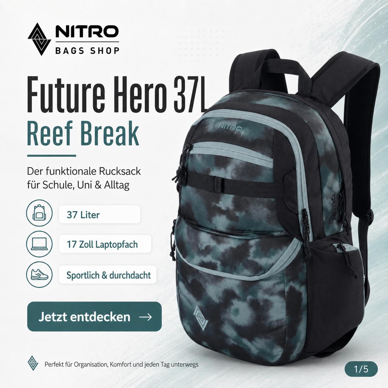 Nitro Future Hero 37 Liter Rucksack mit 17 Zoll Laptopfach – Reef Break