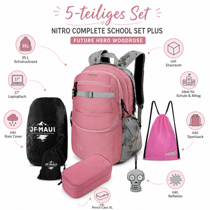 Nitro Schulrucksack Set PLUS Future Hero Woodrose – 5-teilig inkl. Pencil Case XL, Sportsack, Rain Cover & Reflektor