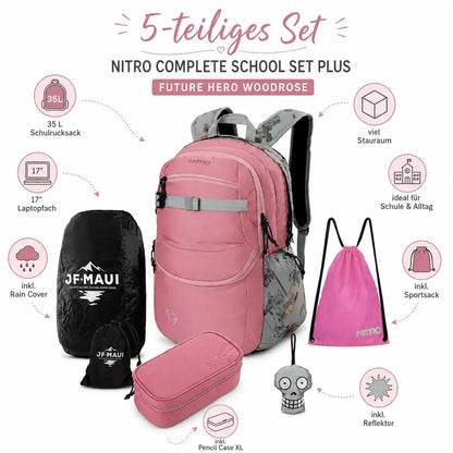 Nitro Schulrucksack Set PLUS Future Hero Woodrose – 5-teilig inkl. Pencil Case XL, Sportsack, Rain Cover & Reflektor-Nitrobags-Shop