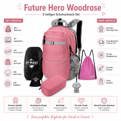 Nitro Schulrucksack Set PLUS Future Hero Woodrose – 5-teilig inkl. Pencil Case XL, Sportsack, Rain Cover & Reflektor