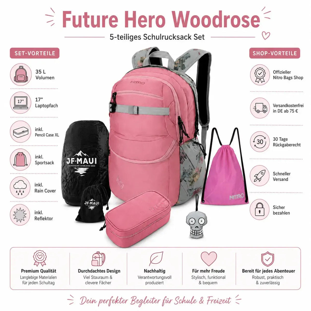 Nitro Schulrucksack Set PLUS Future Hero Woodrose – 5-teilig inkl. Pencil Case XL, Sportsack, Rain Cover & Reflektor-Nitrobags-Shop