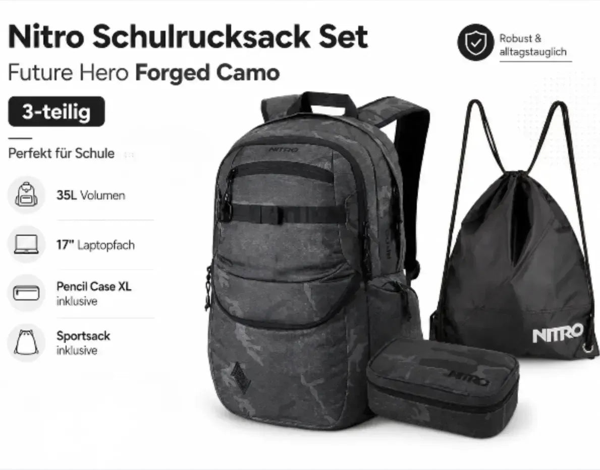 Nitro Schulrucksack Set Future Hero Forged Camo – 3-teilig inkl. Pencil Case XL & Sportsack-Nitrobags-Shop