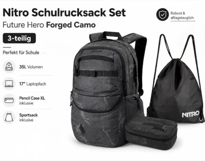 Nitro Schulrucksack Set Future Hero Forged Camo – 3-teilig inkl. Pencil Case XL & Sportsack-Nitrobags-Shop