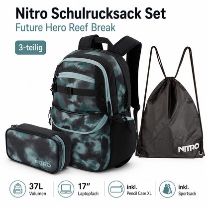Nitro Schulrucksack Set Future Hero Reef Break – 3-teilig inkl. Pencil Case XL & Sportsack