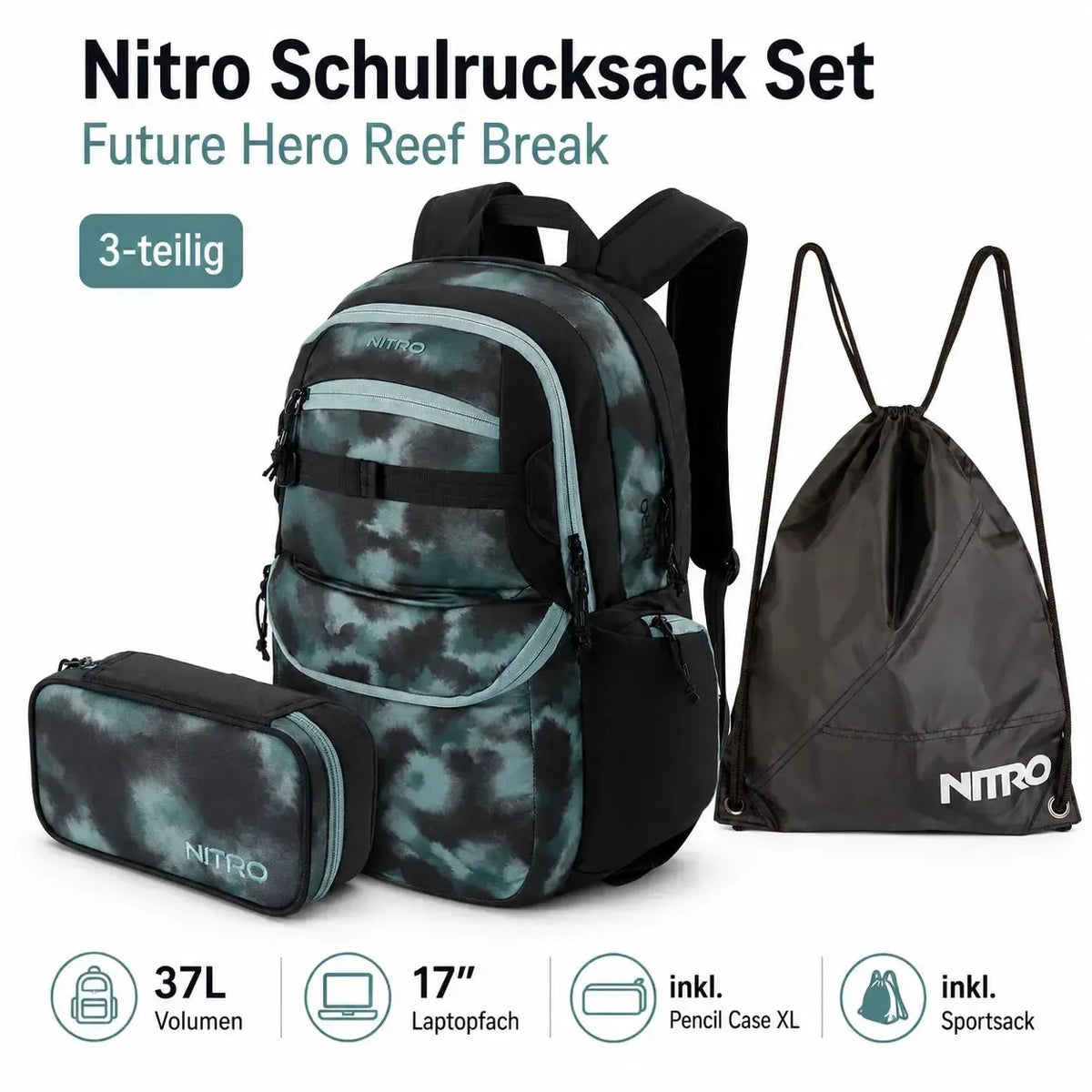 Nitro Schulrucksack Set Future Hero Reef Break – 3-teilig inkl. Pencil Case XL & Sportsack-Nitrobags-Shop