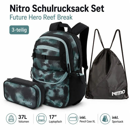 Nitro Schulrucksack Set Future Hero Reef Break – 3-teilig inkl. Pencil Case XL & Sportsack-Nitrobags-Shop