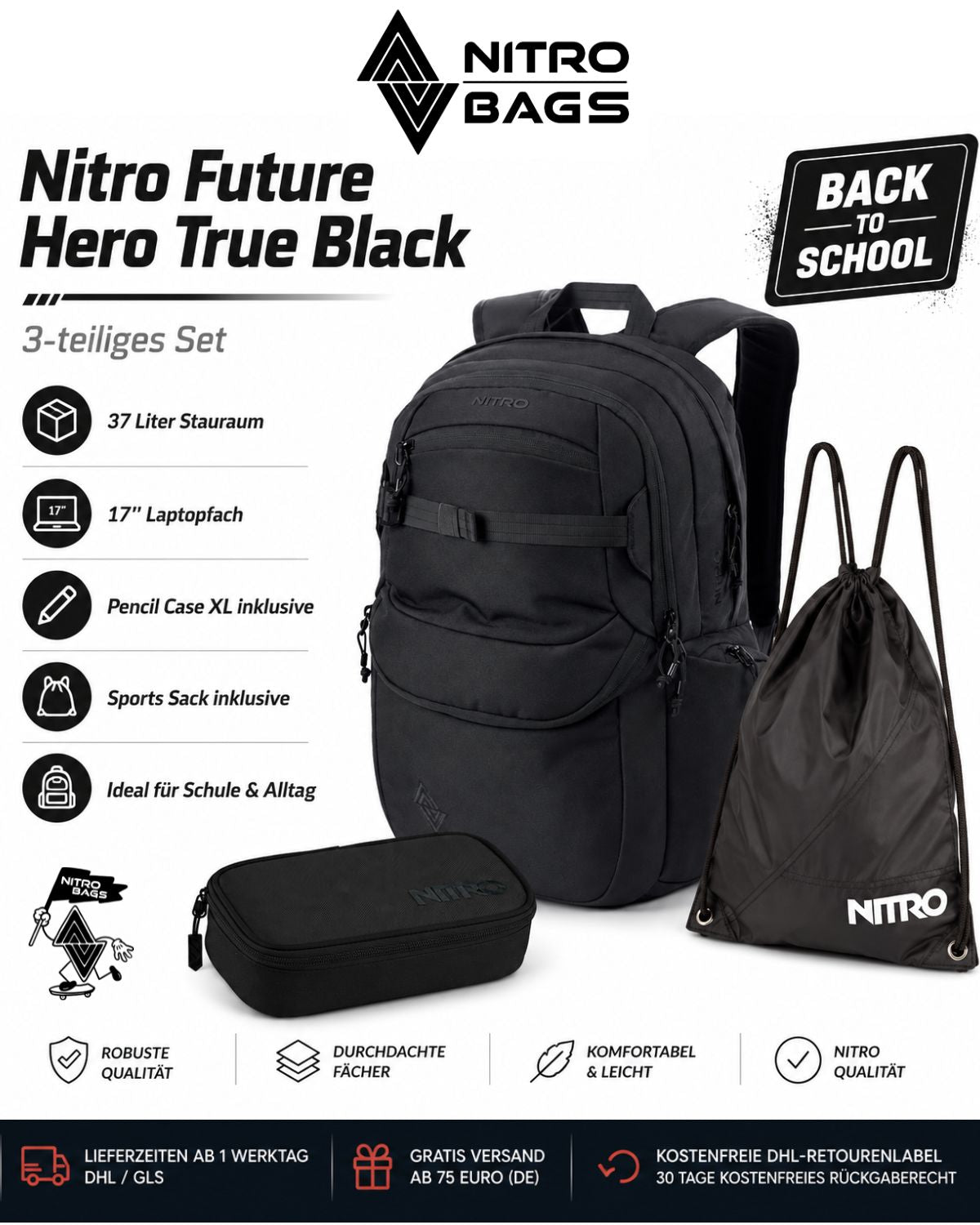 Nitro Schulrucksack Set Future Hero True Black – 3-teilig inkl. Pencil Case XL & Sportsack-Nitrobags-Shop