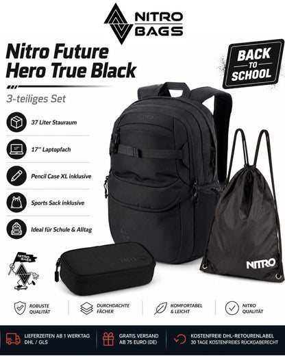 Nitro Schulrucksack Set Future Hero True Black – 3-teilig inkl. Pencil Case XL & Sportsack-Nitrobags-Shop