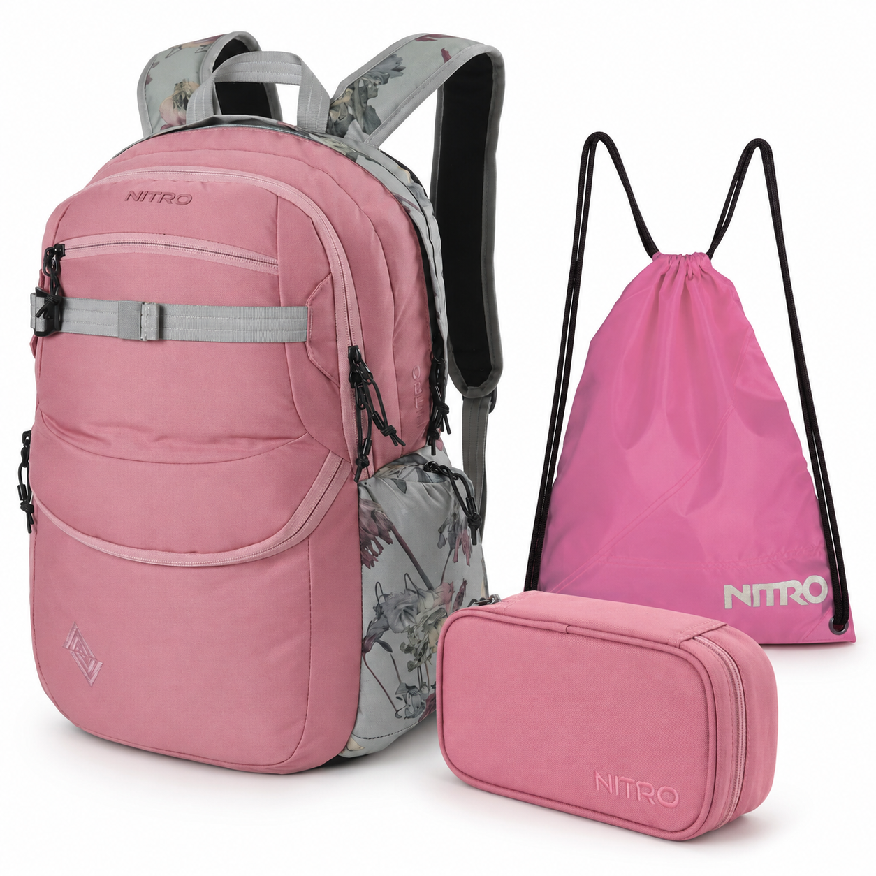 Nitro Schulrucksack Set PLUS Future Hero Woodrose – 5-teilig inkl. Pencil Case XL, Sportsack, Rain Cover & Reflektor
