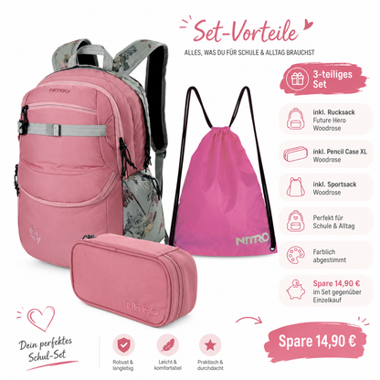 Nitro Schulrucksack Set Future Hero Woodrose – 3-teilig inkl. Pencil Case XL & Sportsack