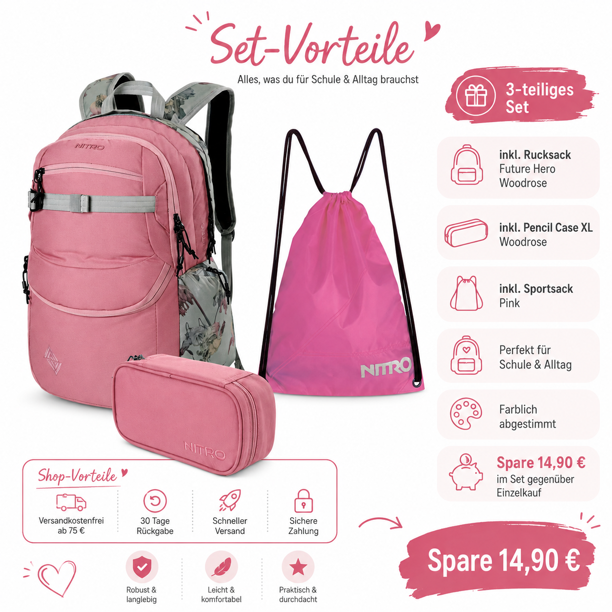 Nitro Schulrucksack Set Future Hero Woodrose – 3-teilig inkl. Pencil Case XL & Sportsack